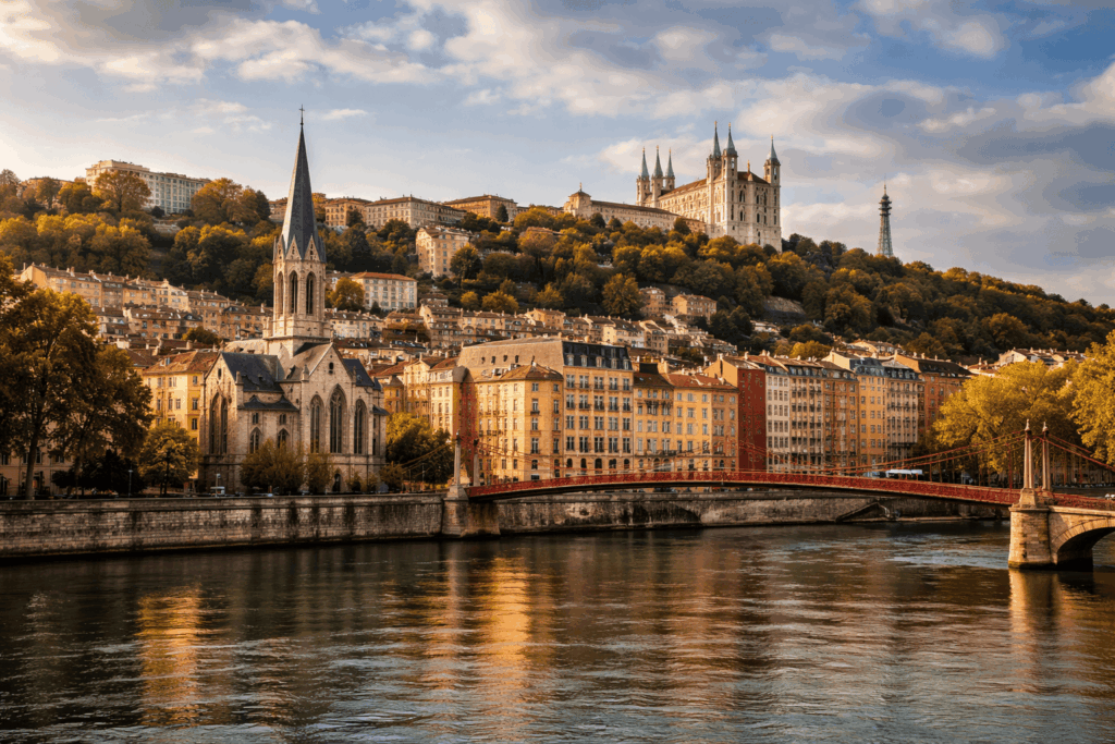 Référencement Local Lyon .Vue panoramique de la ville de Lyon au coucher du soleil avec la basilique Notre-Dame de Fourvière dominant la colline, la Saône au premier plan et le pont rouge Saint-Georges reliant les quais bordés d’immeubles historiques.
