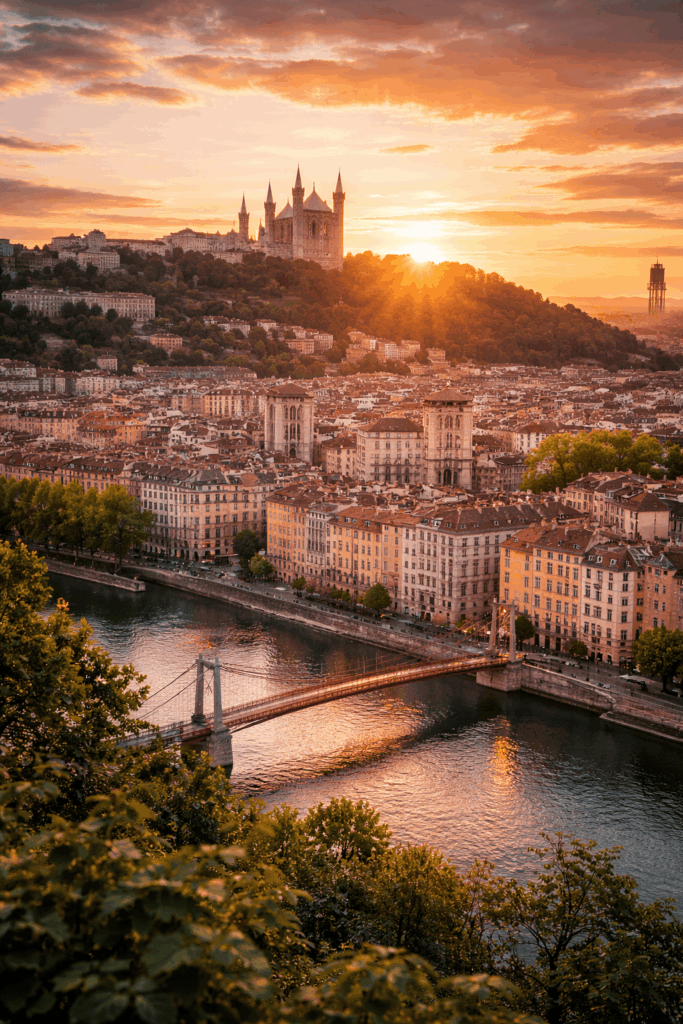 Vue panoramique de la ville de Lyon au coucher du soleil avec la basilique de Fourvière et la Saône – illustration de la visibilité digitale d’une agence SEO Lyon.
