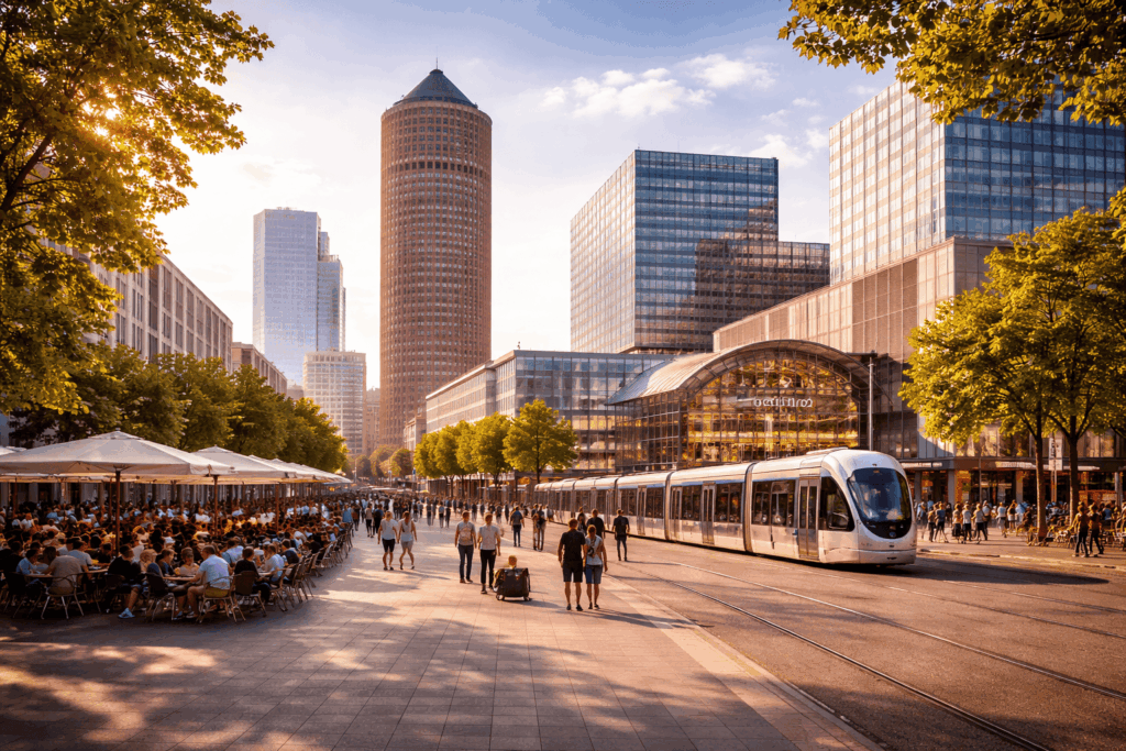 Référencement Local Lyon 3. Quartier de la Part-Dieu à Lyon 3 avec la tour Part-Dieu, le tramway, les immeubles modernes et les terrasses animées au cœur du centre d’affaires.