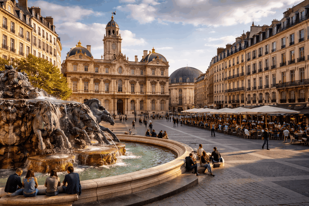 référencement local Lyon 1. Expert seo local Lyon. Place des Terreaux à Lyon 1 avec la fontaine Bartholdi, l’Hôtel de Ville et les terrasses animées au cœur d’un quartier historique et touristique.