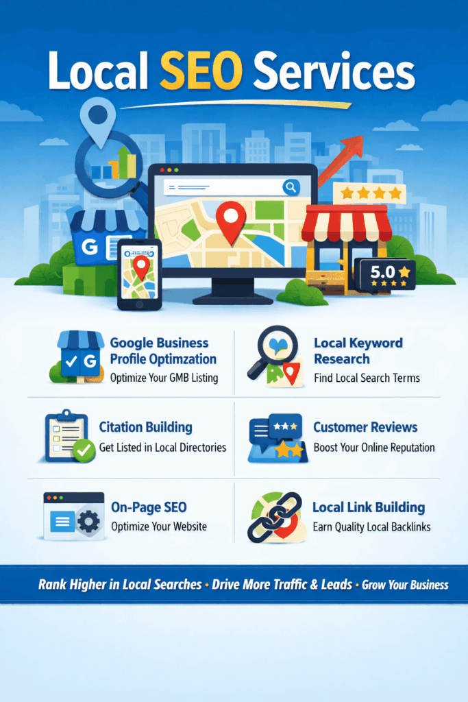Local SEO services illustration showing Google Business Profile optimization, local keyword research, citation building, customer reviews, on-page SEO and local link building